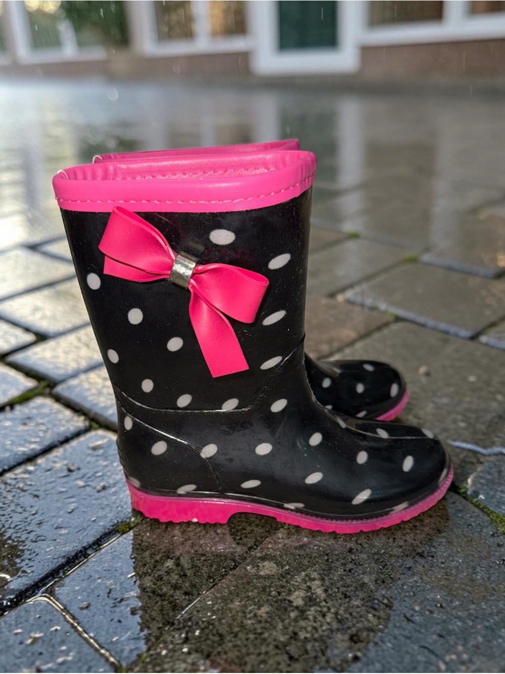 Kids Polka Dot Rain Boots with Pink Bow - Size 2